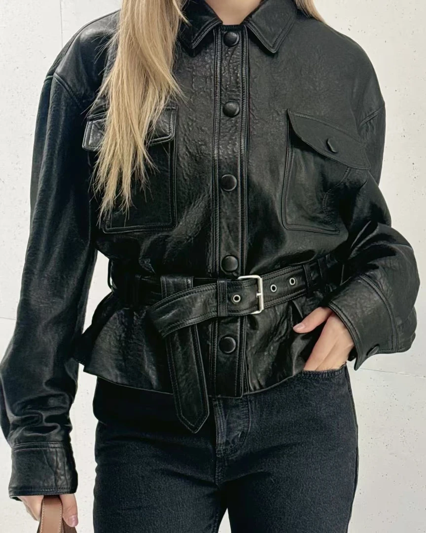 SARZ/飒姿杨树林2025自然泡皮高货宋佳同款皮衣女装外套