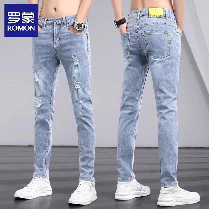 罗蒙高端破洞牛仔裤男士潮牌秋季浅色弹力修身小脚直筒休闲裤春秋