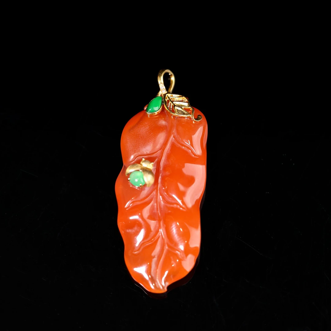 【红叶渡】原创国风新中式定制珠宝18k金镶嵌南红叶子吊坠