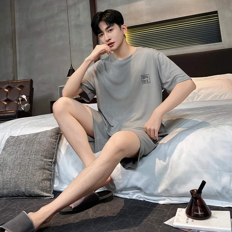 冰丝螺纹男款夏季家居服两件套圆领短袖短裤韩版宽松休闲男士睡衣