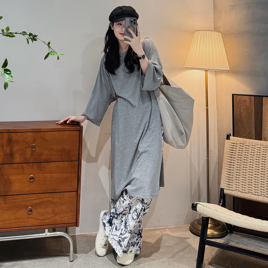 今婷慵懒风时尚百搭宽松休闲中长款过膝圆领纯色T恤裙-J25201306