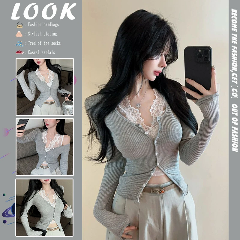 蕾丝V领打底吊带背心女春季纯欲性感辣妹修身叠穿开衫上衣两件装