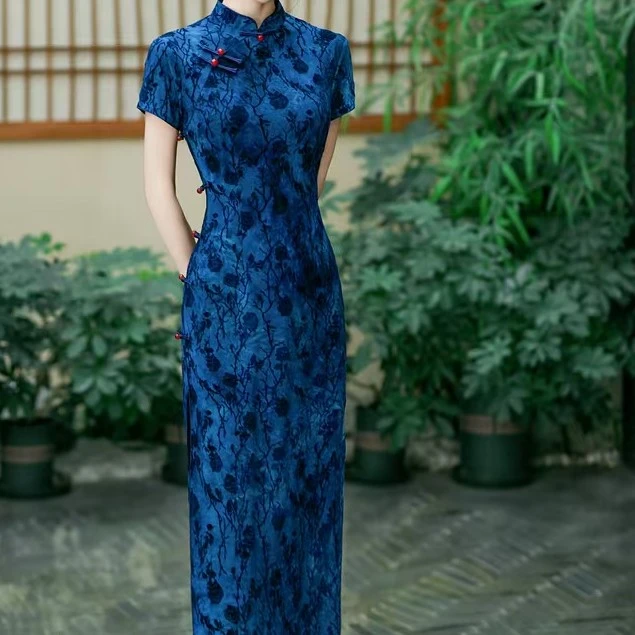 〔蓝玫瑰M〕旗袍复古改良修身显瘦国风旗袍短袖提花气质连衣裙
