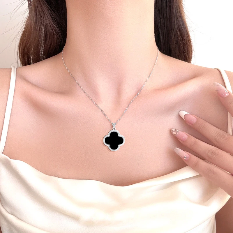 S925银镶玉翡翠墨翠大号四叶草项链女吊坠冰种玉首饰百搭简约挂件