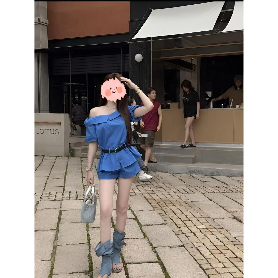 韩版百搭舒适衬衫时尚气质休闲复古斜肩一字肩上衣高腰短裤两件套