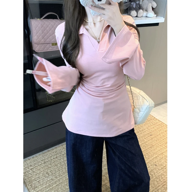 2025春装新款大码女胖mm收腰显瘦v领设计感喇叭袖T恤长袖上衣8188