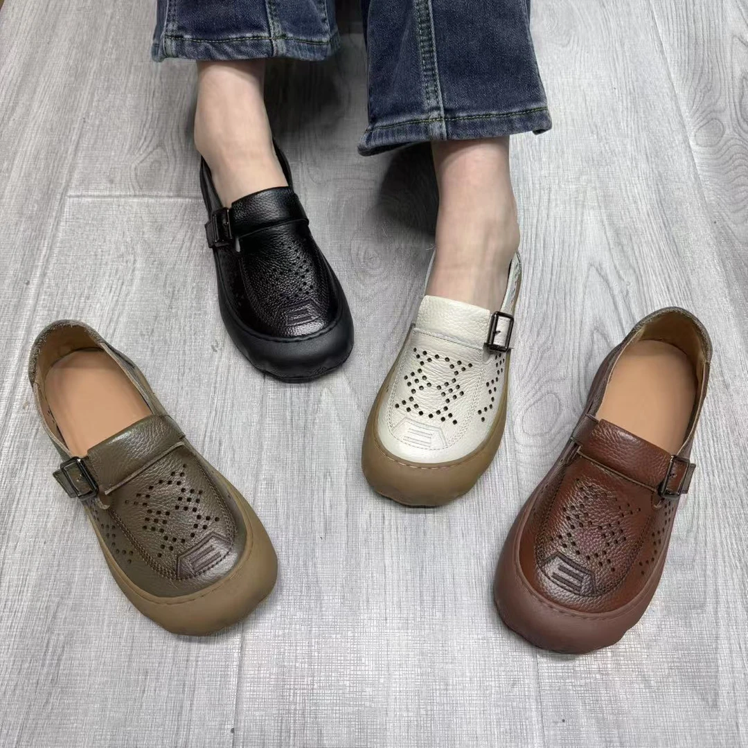 2508包头女镂空低跟一字式扣带洞洞鞋春夏软面复古时尚百搭女鞋