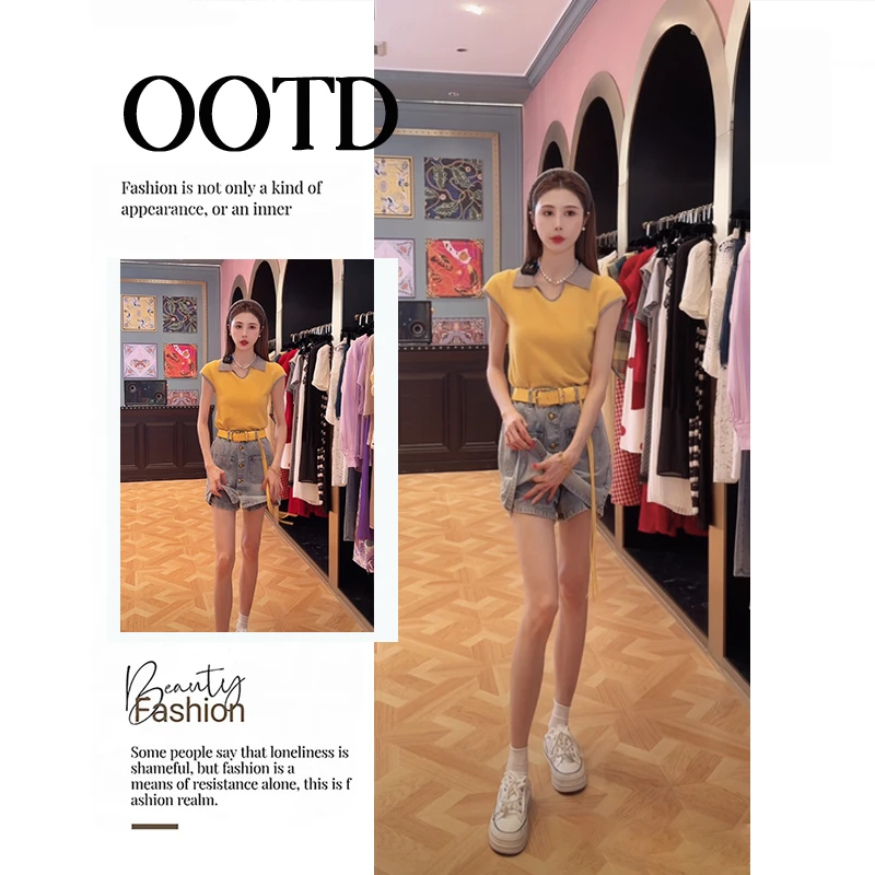 夏季新款POLO领时尚针织短袖上衣设计感气质显瘦牛仔裙裤两件套女