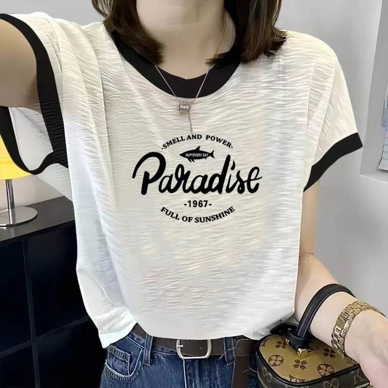 100%竹节棉撞色短袖洋气T恤夏季2025时尚新款宽松减龄印花上衣