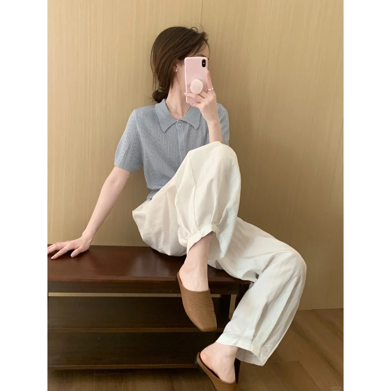 五一出游穿搭女装千金清冷感贵系洋气衣服女灰色针织开衫白色裤子