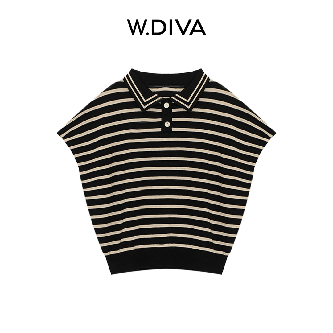 W.Diva【领潮者】桑蚕丝摩登优雅条纹宽肩袖V领翻领针织衫52Z172412