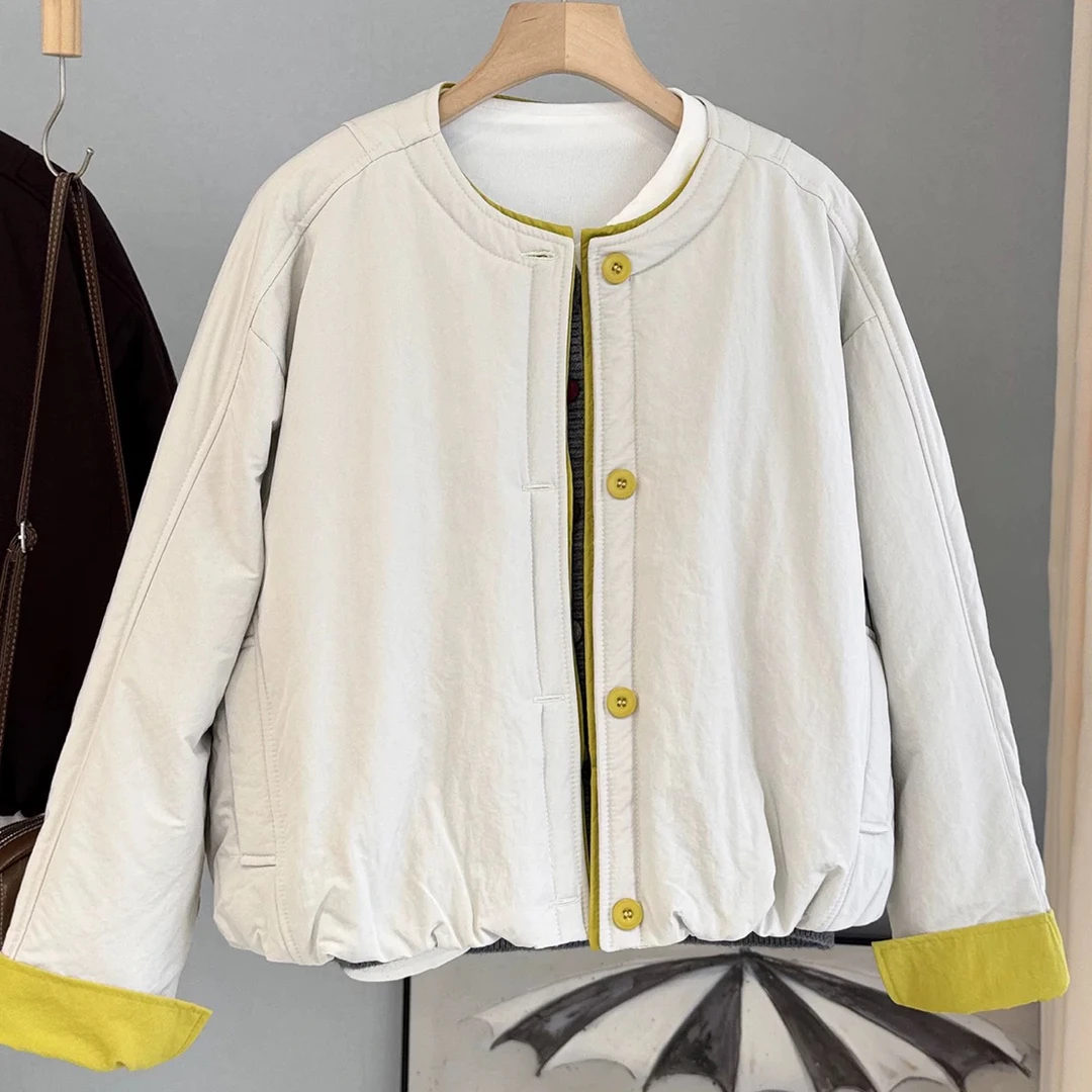 撞色高级感轻薄夹棉短外套女装2025秋冬韩系新款时尚洋气棉服上衣