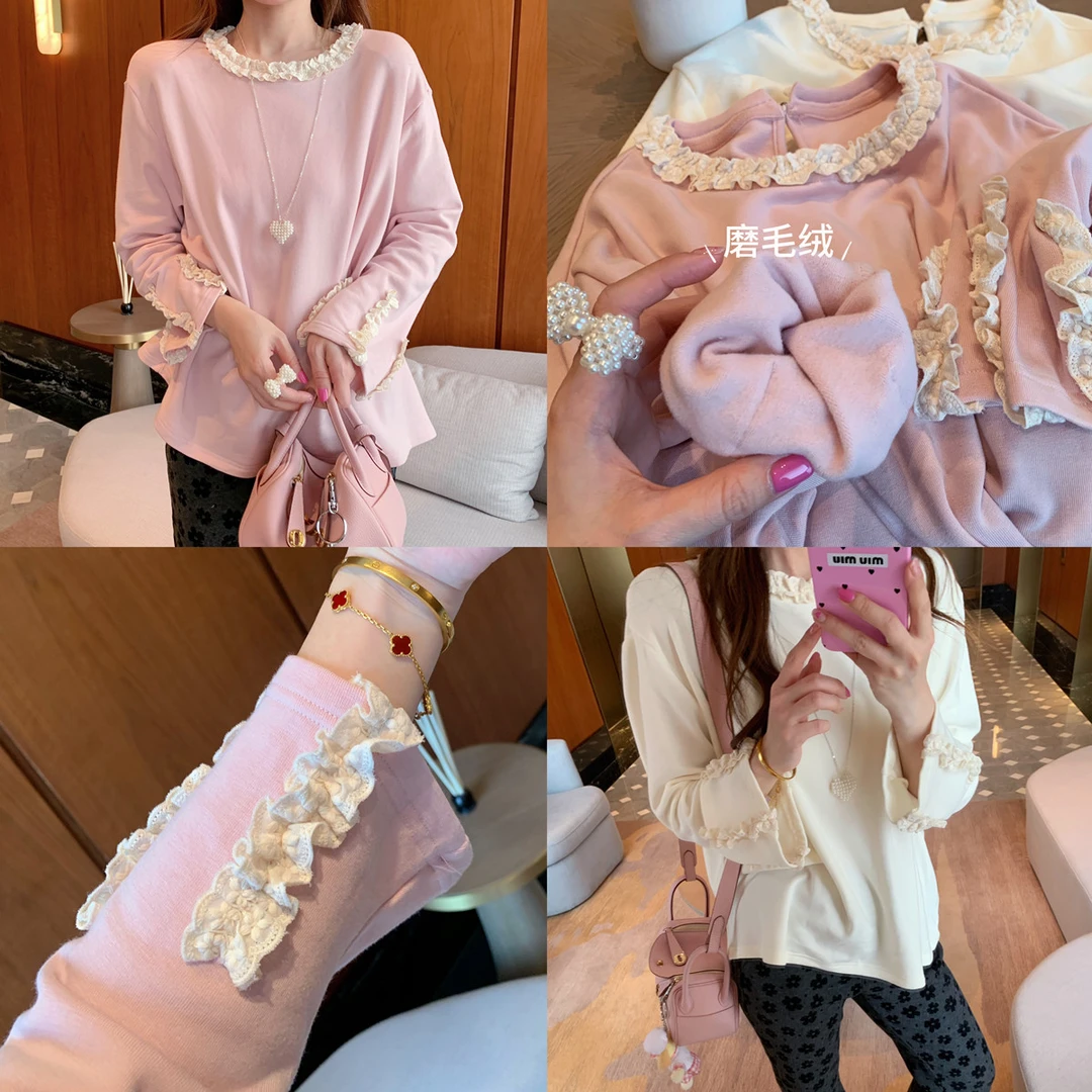 JENNIFER JXLIU 蕾丝花边领袖子粉红色奶油白磨毛棉宽松打底衫T恤