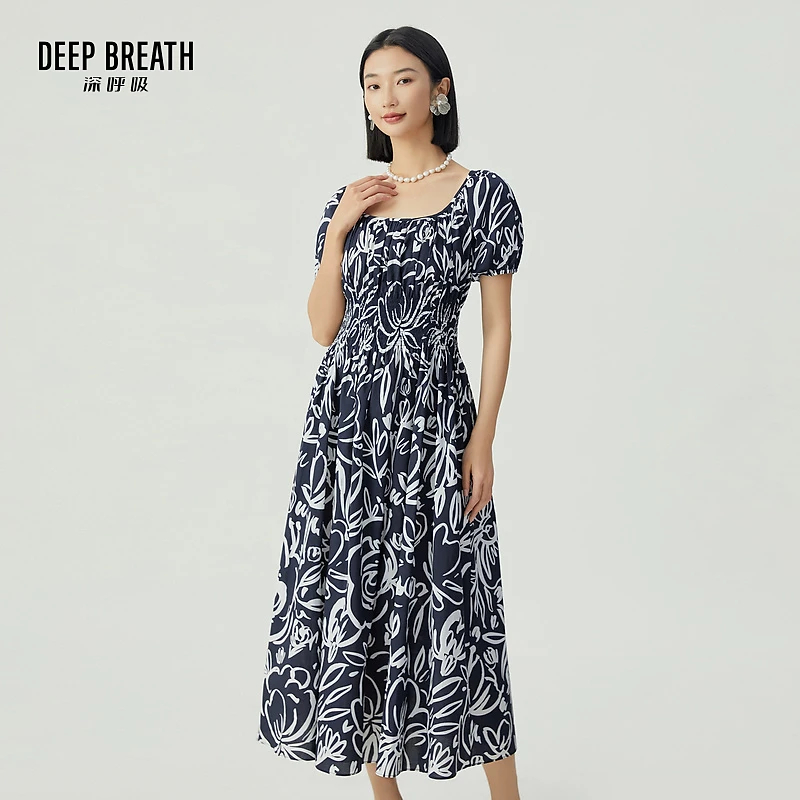 DEEP BREATH深呼吸女装新款印花方领泡泡袖收腰连衣裙女A500249