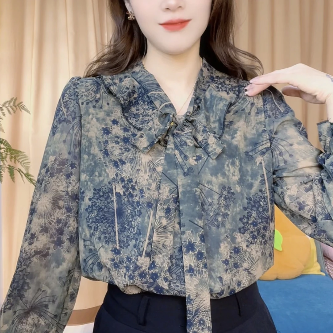 X8819高端时尚长袖碎花雪纺衬衫女2025春季新款显瘦气质衬衣女