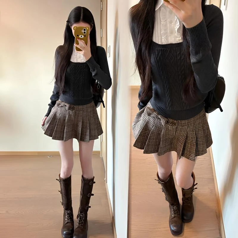 2025秋冬新款修身针织上衣搭百褶短裙套装百搭韩系复古风