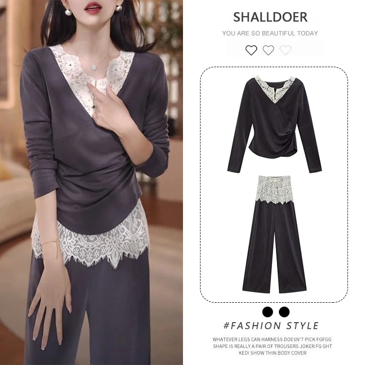 蕾丝拼接小众设计感时尚套装女装早秋新款气质灰色高级显瘦遮肉Y