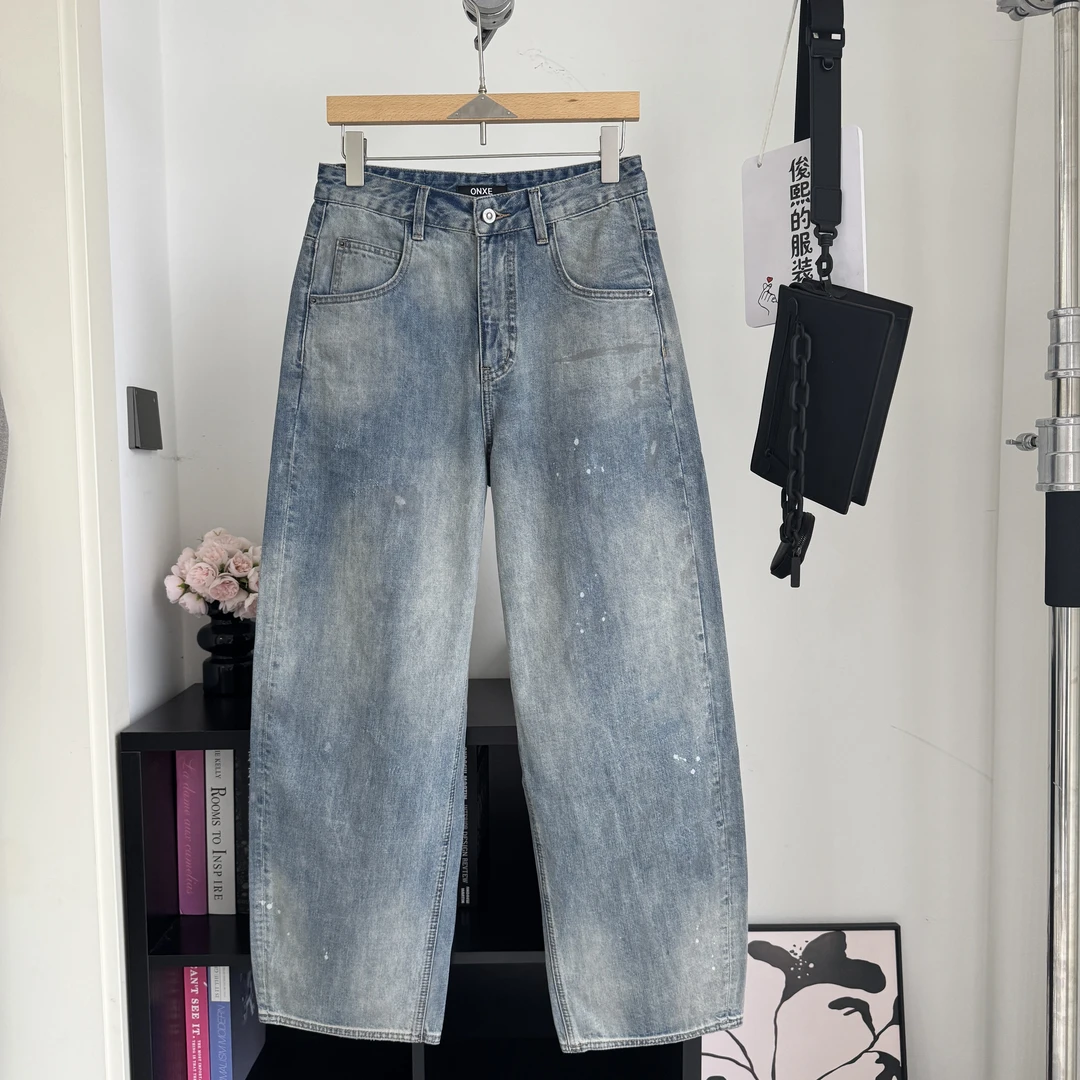 JUNXI 26年春季男新款涂鸦泼墨水洗做旧宽松阔腿直筒牛仔裤80222C