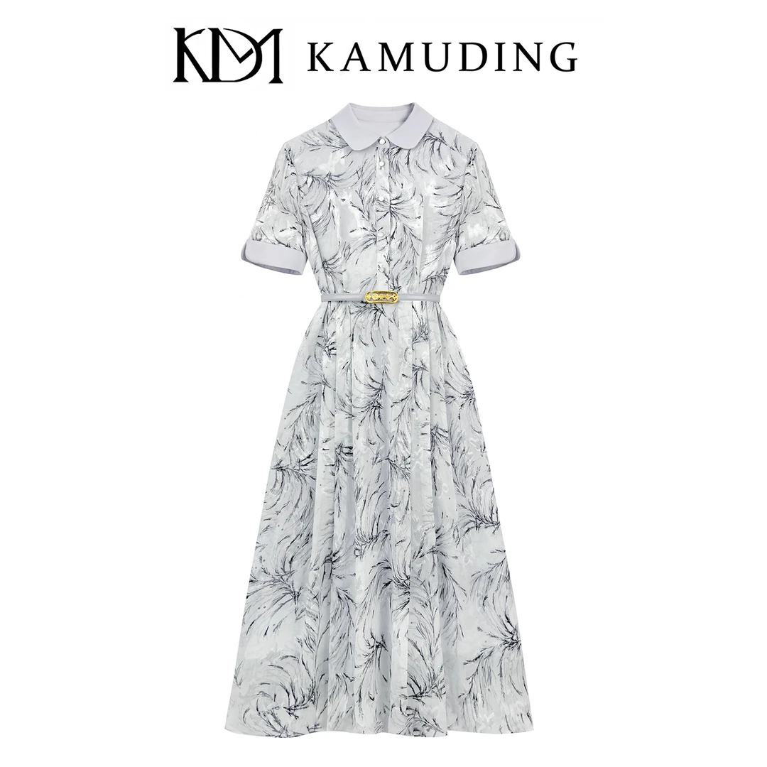 【AQ】KAMUDING2025夏季新款灰花色大方设计款短袖连衣裙8805