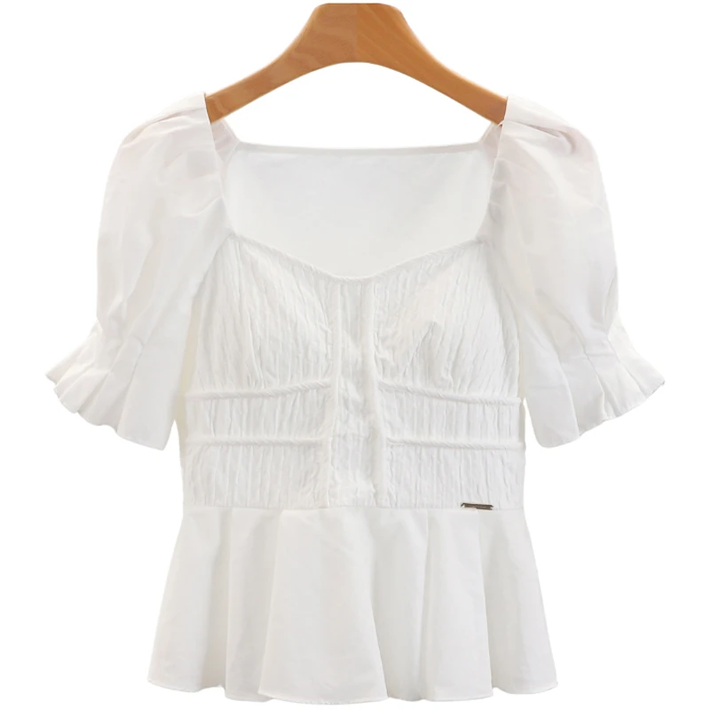 F2099-【珞】小清新收腰方领纯色套头衬衫#BLX56S015