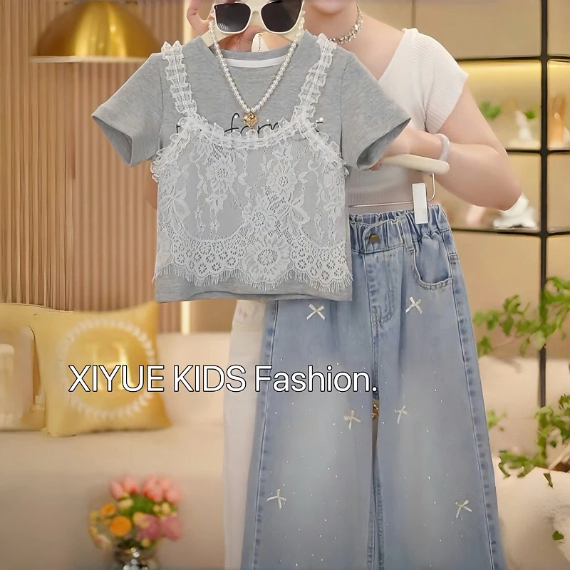 女童蕾丝短袖牛仔裤套装2025春款假两件吊带T恤上衣蝴蝶结阔腿裤