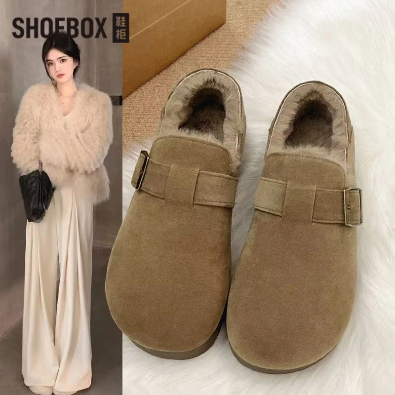 SHOEBOX鞋柜加绒全包复古勃肯鞋女2025新款秋冬一脚蹬雪地棉鞋