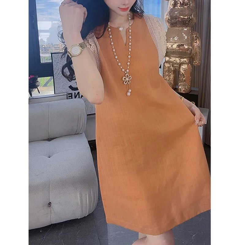 时尚百搭设计感显瘦裙子女生2025年夏季新款蕾丝拼接中长款连衣裙