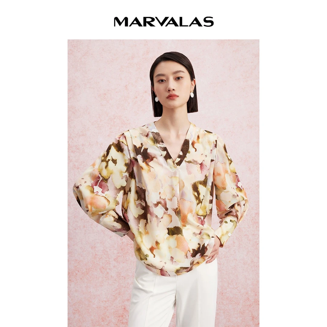 【粉丝专属】曼德诗水墨韵印花雪纺衫2023春季新款复古别致小衫