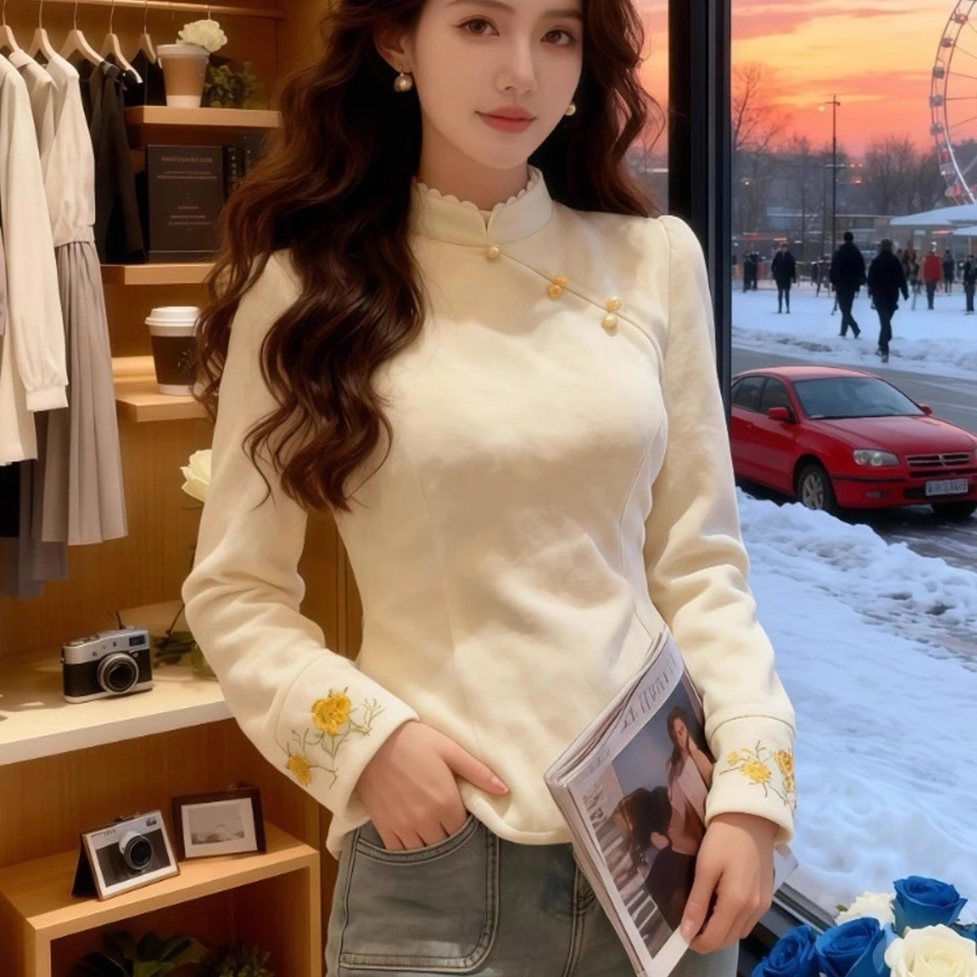 2025秋冬新中式刺绣提花加绒加厚上衣国风修身显瘦衬衫旗袍上衣