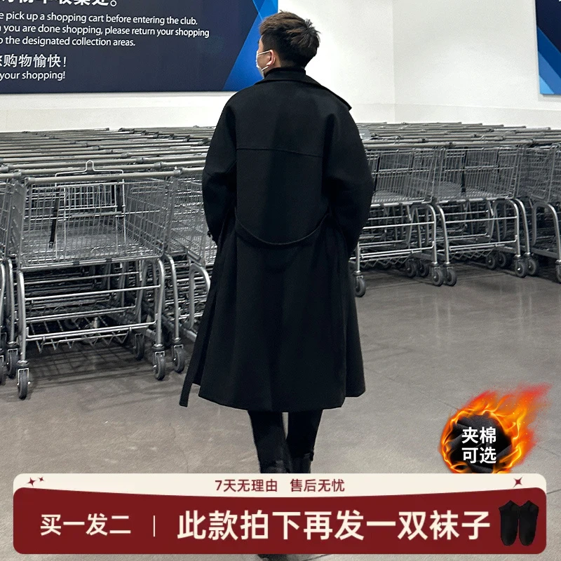 美式风衣外套男秋冬季韩系潮牌中长款高级感加棉加厚毛呢大衣男士