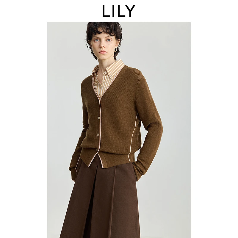 LILY2025冬新款羊毛混纺复古V领撞色休闲通勤针织开衫125429TC910