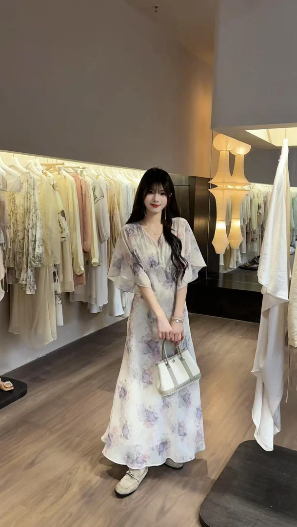 新款紫蔷薇印花套头夏季碎花见外包装连衣裙宽松旗袍复古温柔长裙