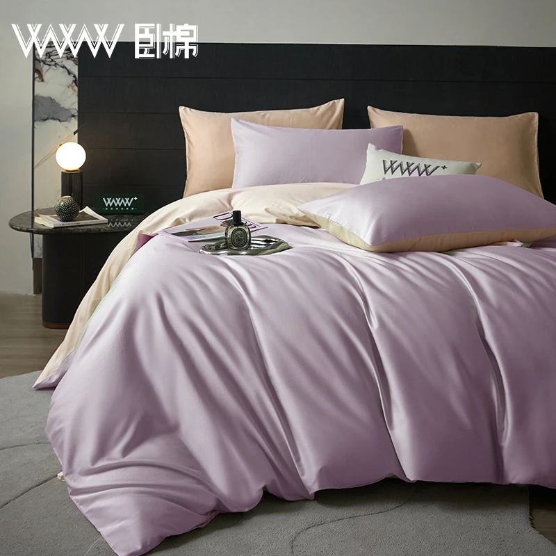 WWW全棉贡缎简约百搭纯色双拼长绒棉四件套 A0032