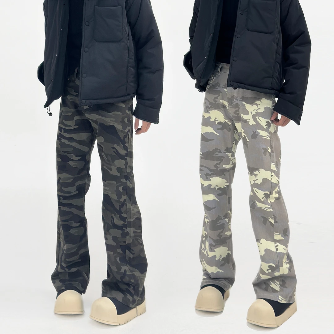 SongC新款微喇叭迷彩美式复古设计感迷彩裤宽松微喇直筒休闲裤