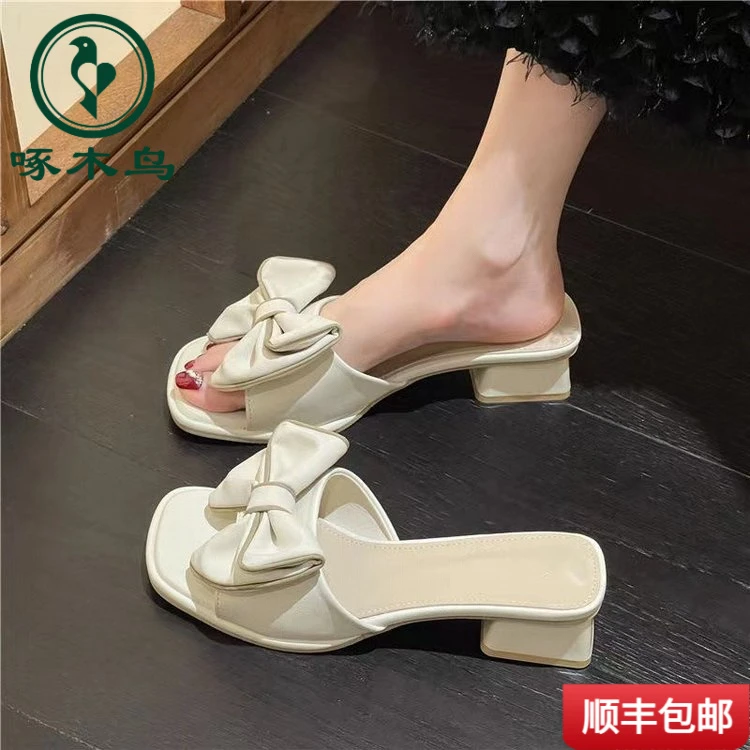 水晶防滑厚底高跟鞋啄木鸟2025年新款粗跟凉拖鞋女韩版蝴蝶结中跟