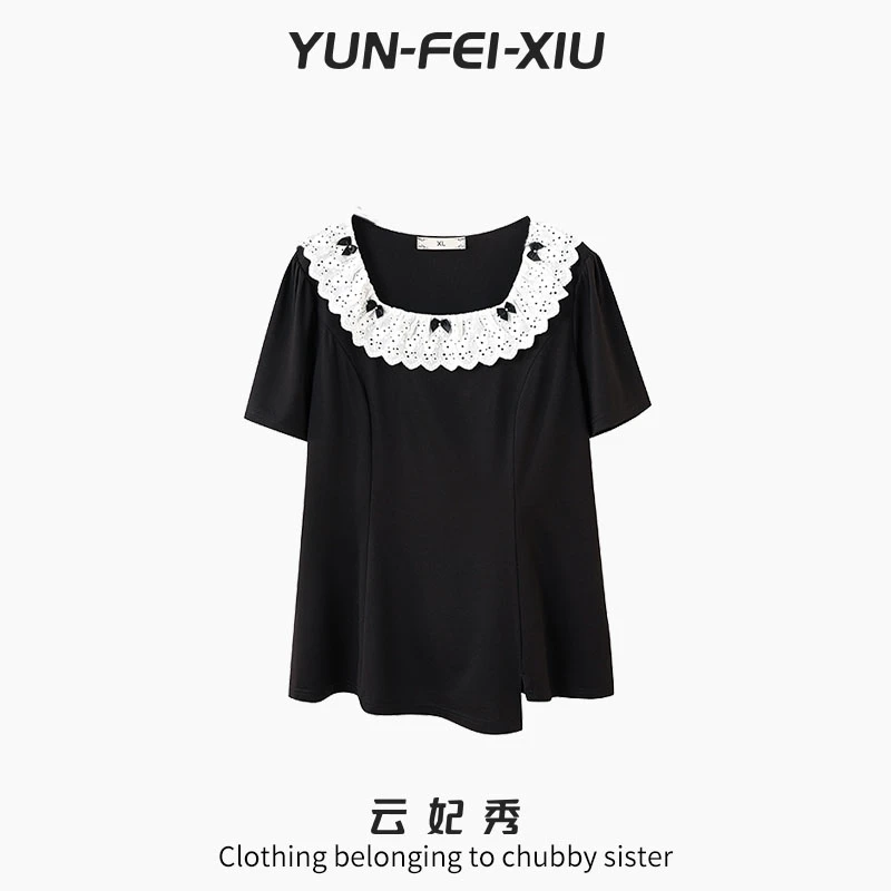 云妃秀大码女装T恤时尚休闲宽松显瘦微胖蕾丝花边领上衣夏季2207