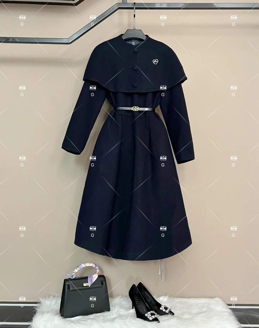 时尚翻领女薄款圆领长款大衣法式中长款毛呢外套 G-0061