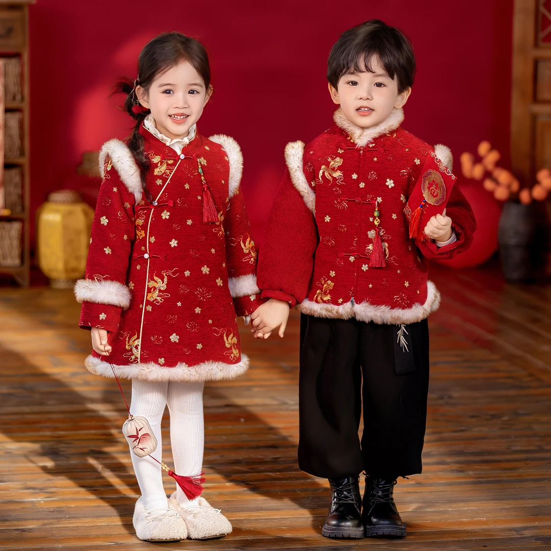 汉服男童加绒拜年服套装女童中式旗袍裙演出服儿童国风唐装过年服
