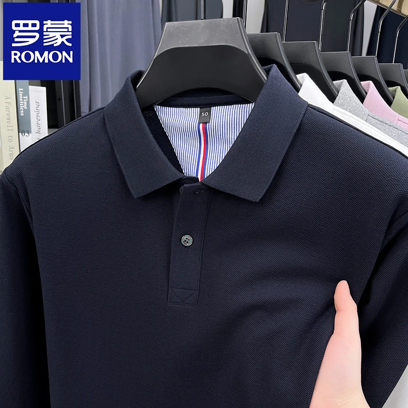 Romon/罗蒙春季新款休闲黑色百搭长袖Polo衫时尚百搭男翻领打底衫