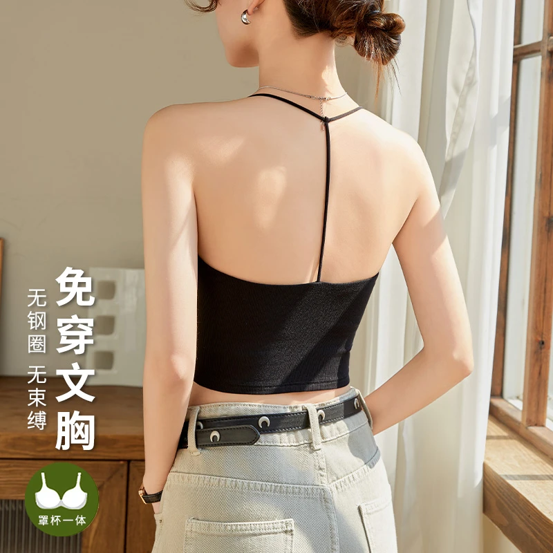 美背外穿内搭细肩带吊带背心带胸垫文胸一体交叉带挂脖抹胸上衣女