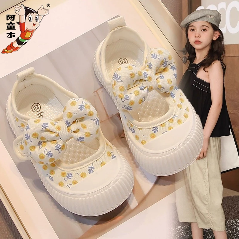 atongmu/阿童木女童宝宝幼儿园室内鞋2025年春季新款蝴蝶结帆布鞋
