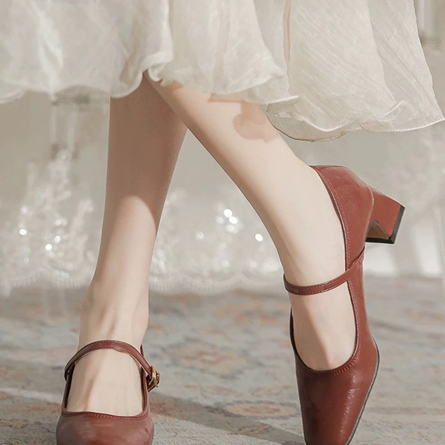 BJ2793 酒红色复古高跟鞋女秋季新款百搭女士气质方头玛丽珍单鞋