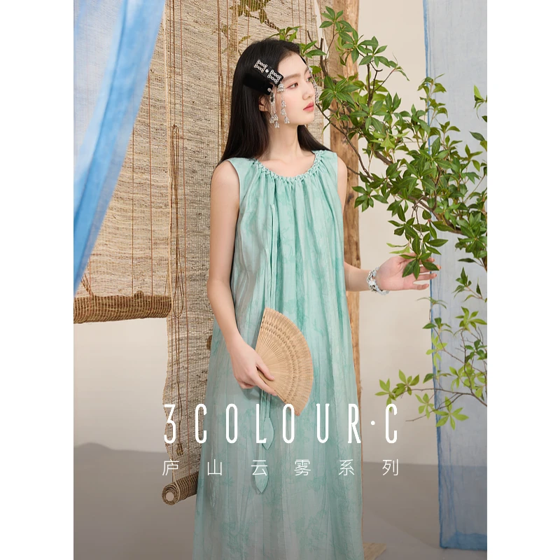 三彩【天青染露】2025春季新款新中式宽松无袖提花连衣裙A字dbx