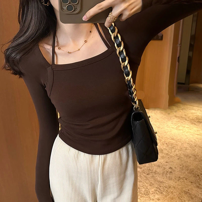 内搭打底长袖T恤冬季加绒修身显瘦外穿挂脖设计感女上衣短款百搭