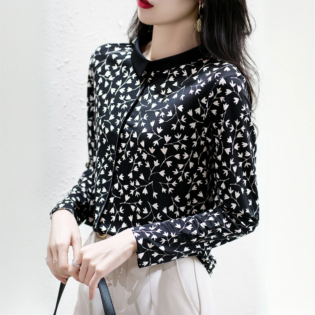 针织真丝衬衫女新款2024桑蚕丝小翻领长袖上衣设计感小众印花衬衣