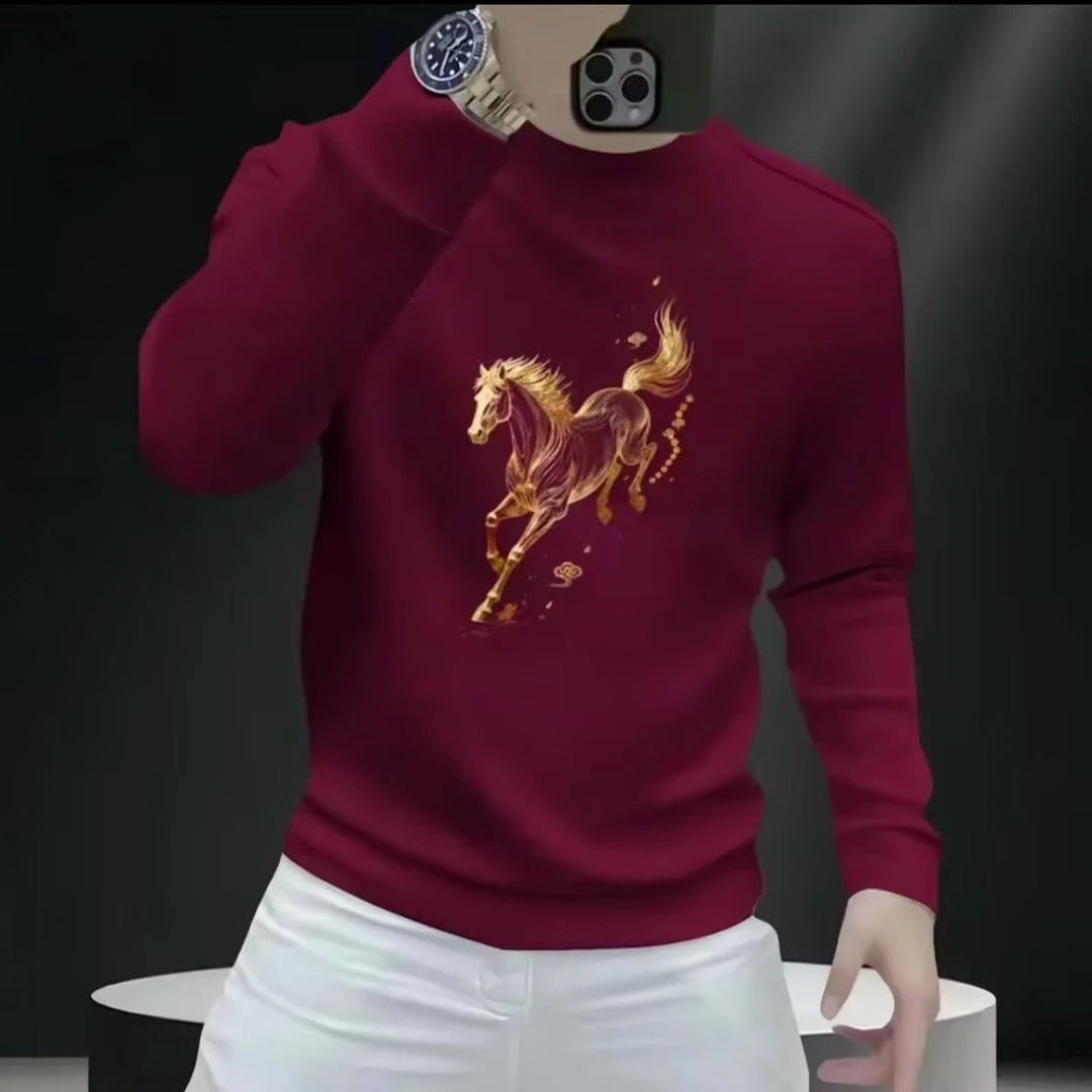 潮流秋季个性圆领休闲痞帅马踏云印花时尚秋冬百搭男士长袖卫衣