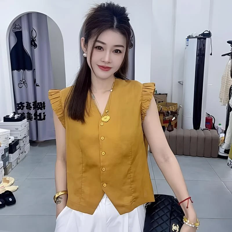 韩系飞飞袖V领衬衫女2025夏季款百搭气质时尚洋气设计感上衣小衫