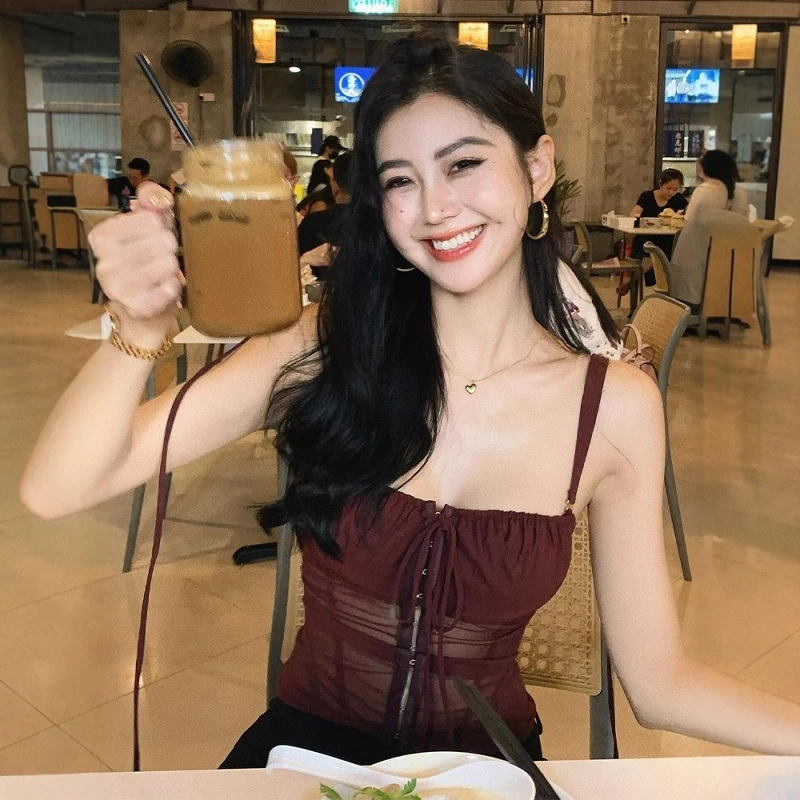 纯欲风辣妹系带微透吊带背心女夏季性感外穿抹胸美背短款无袖上衣