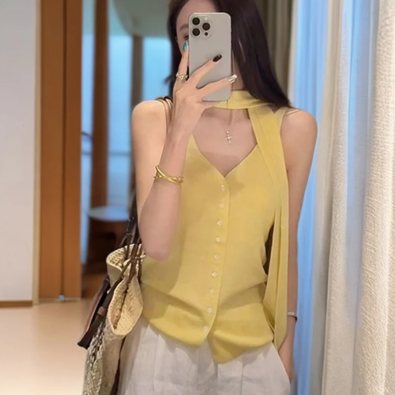 多巴胺飘带挂脖针织纯欲辣妹吊带小背心女2025夏季高级感绝美上衣