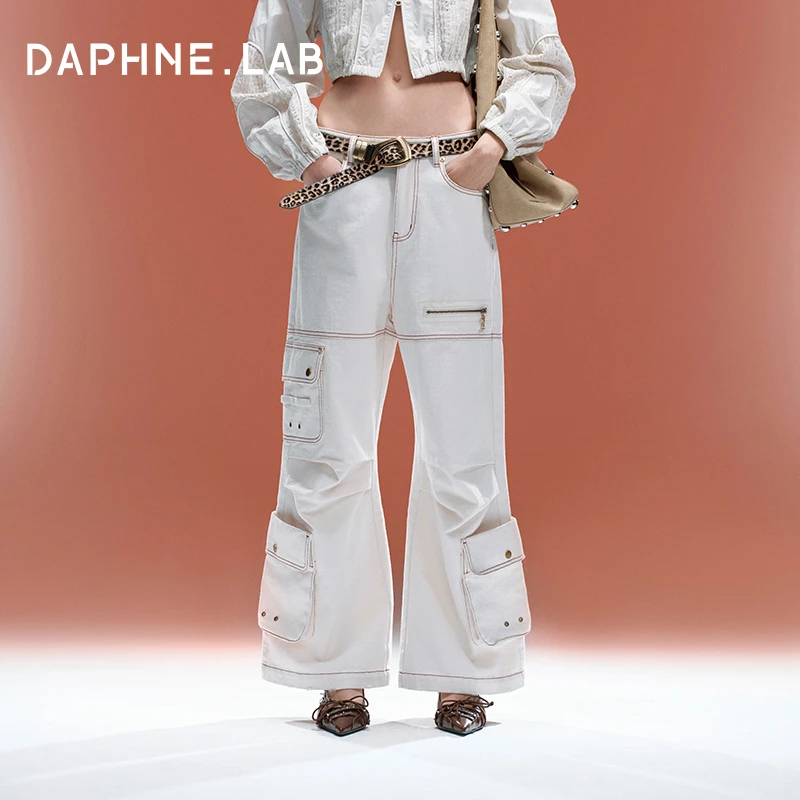 DAPHNE LAB线迹工装白低腰辣妹复古五金撞色休闲直筒宽松牛仔裤